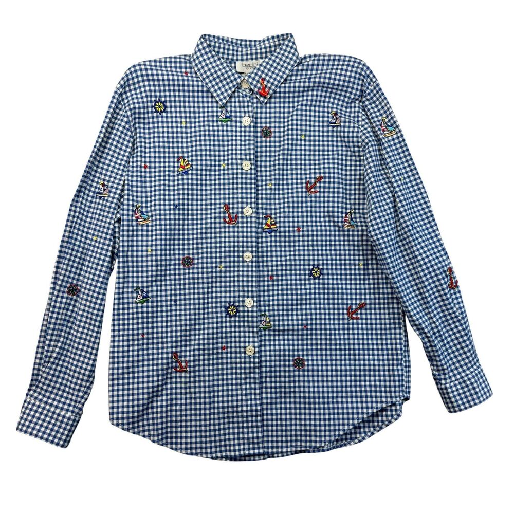 TEDDI Shirt Women's Medium Blue White Nautical Check Button Up Roll Tab Sleeve